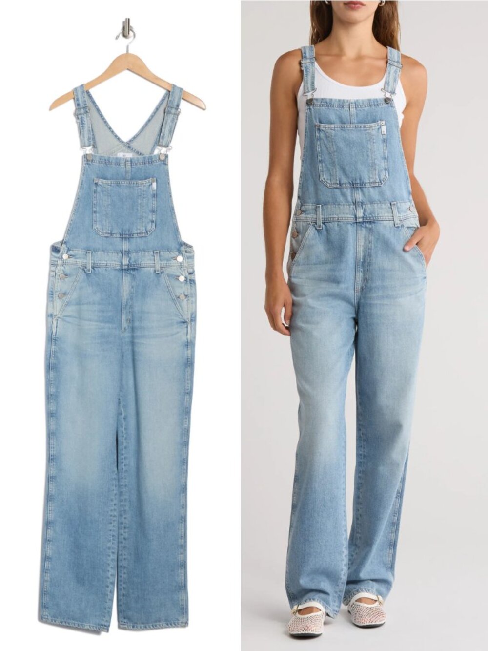 AG Jeans Clove Overalls Cayucos Wash Cotton Denim Straight Leg Whiskered